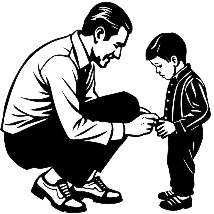 Vettore un disegno in bianco e nero di un uomo e di un bambino