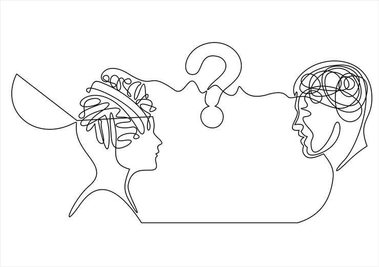Vettore un disegno in bianco e nero di un uomo e una donna con un punto interrogativo sulla linea continua della testa