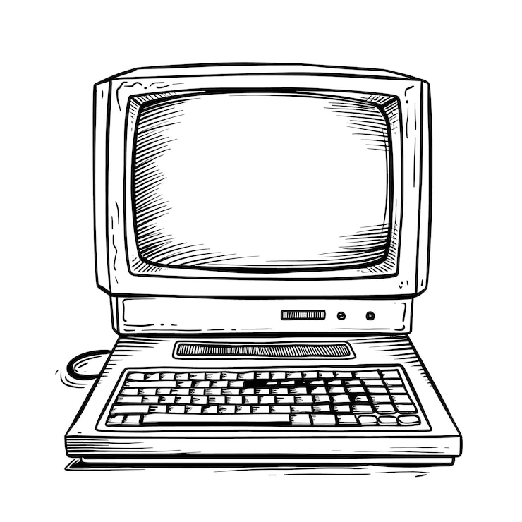 Vettore un disegno in bianco e nero di un vecchio computer con uno schermo che mostra un computer vecchio stile
