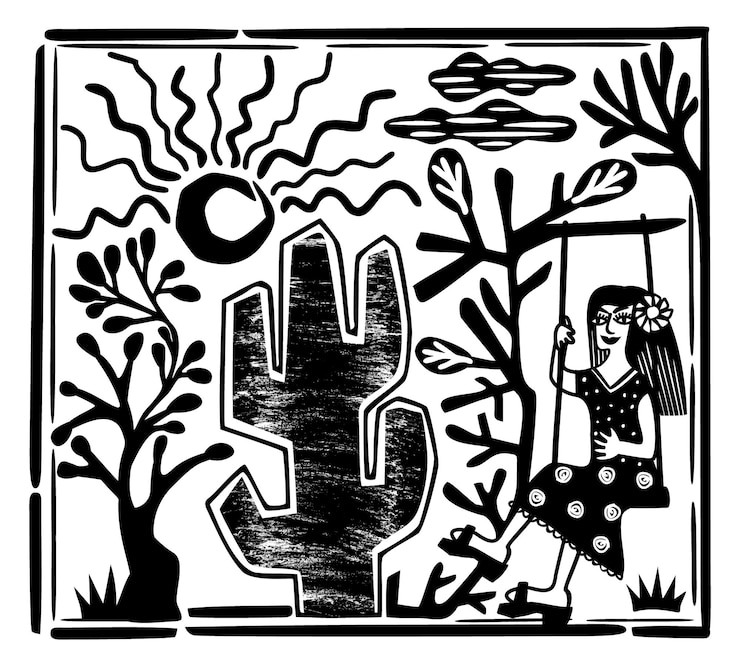 Vettore un disegno in bianco e nero di una donna in una stanza con un cactus e una donna in un vestito nero