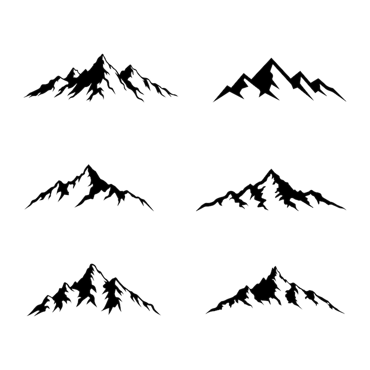 Vettore un disegno in bianco e nero di una montagna con molte immagini di montagne