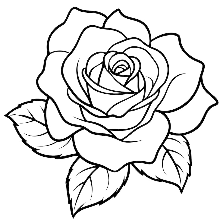 Vettore un disegno in bianco e nero di una rosa con una rosa rossa su di essa