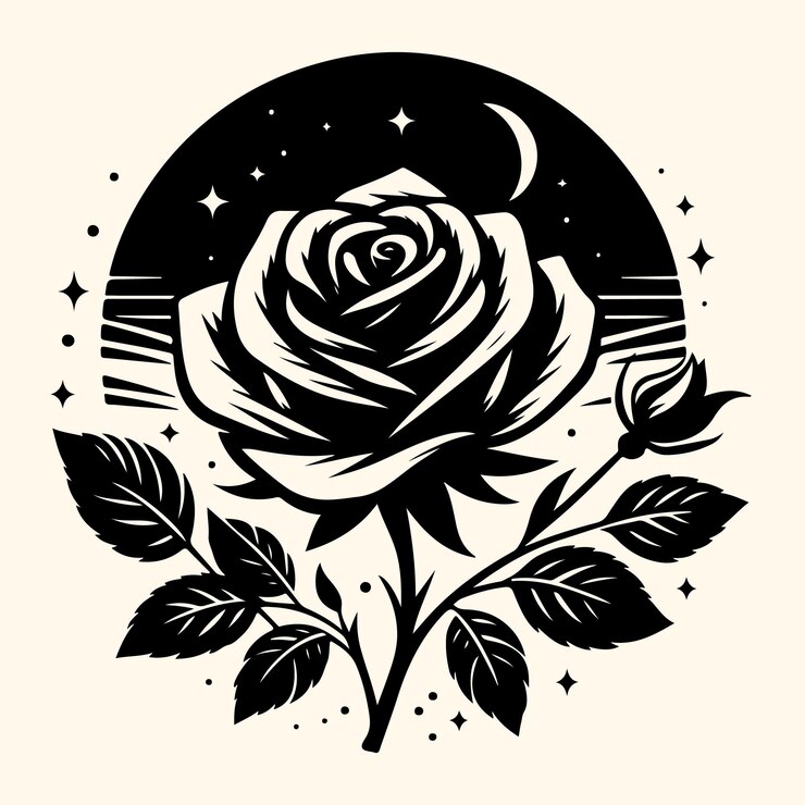 un disegno in bianco e nero di una rosa e della luna