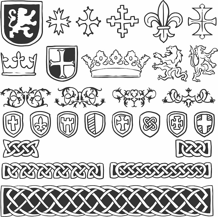 Vettore un disegno in bianco e nero di uno stemma con uno stemma e uno stemma