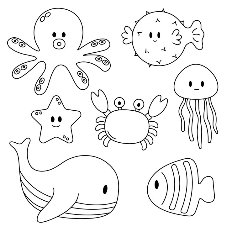 Vettore un disegno in bianco e nero di varie creature marine.