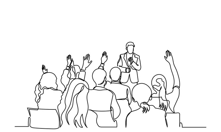 Vettore un disegno in linea continua dell'audienza nella sala conferenze