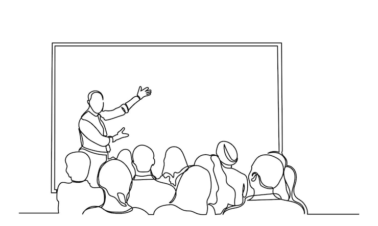 Vettore un disegno in linea continua dell'audienza nella sala conferenze