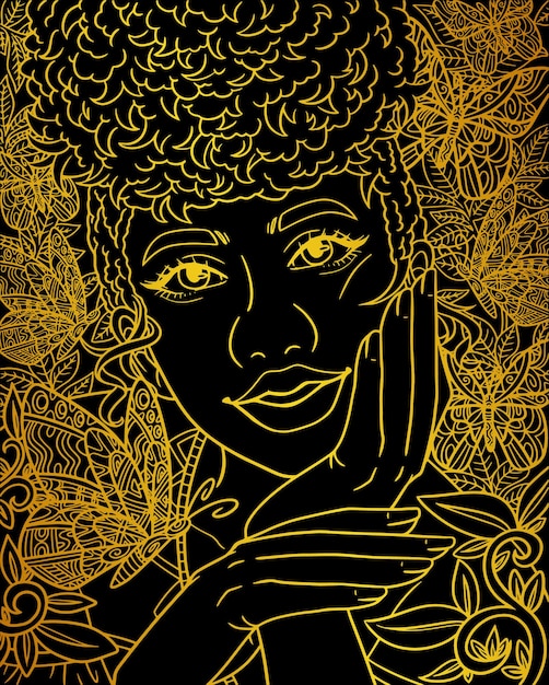 Un disegno in nero e oro di una donna con i capelli ricci.