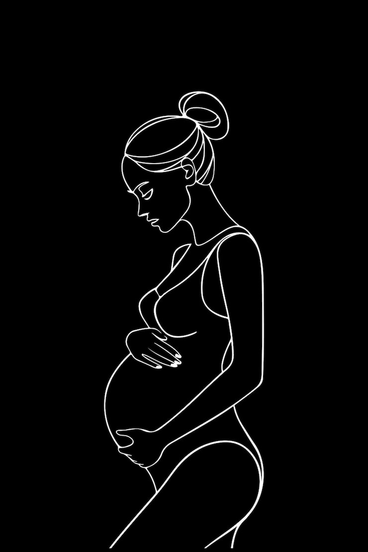 Un disegno minimalista in linea nera di una donna incinta È raffigurata in un profilo laterale con