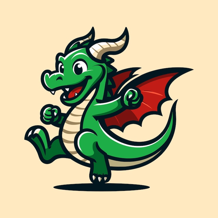 Vettore un dragone verde caricaturale carino e divertente che sorride felicemente.