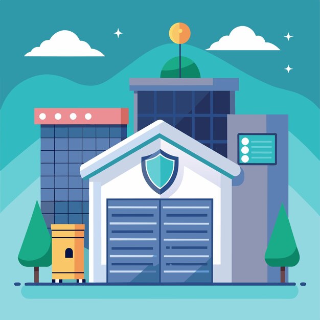 Un edificio con una struttura di garage posizionata sul tetto con un design semplice e minimalista Sicurezza su grandi magazzini Illustrazione vettoriale piatta semplice e minimalistica