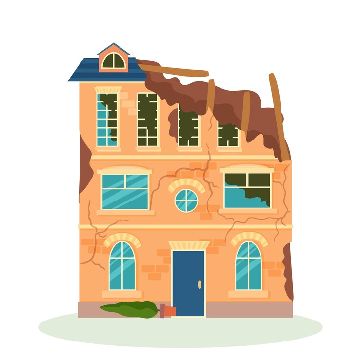 Vettore un edificio distrutto dopo un incendio o un terremoto edifici della città in rovina dopo la guerra città danneggiata con vecchi alloggi rotti e fatiscenti illustrazione vettoriale isolata su sfondo bianco