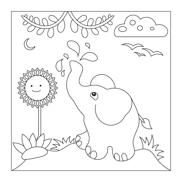 Un elefante cartone animato e un girasole in un campo.