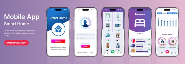 Un elegante modello di interfaccia di applicazione per la casa intelligente con icone moderne e un design a gradiente Include menu di navigazione per la gestione dei dispositivi, monitoraggio della sicurezza, controllo della temperatura