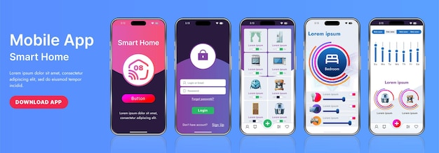 Un elegante modello di interfaccia di applicazione per la casa intelligente con icone moderne e un design a gradiente Include menu di navigazione per la gestione dei dispositivi, monitoraggio della sicurezza, controllo della temperatura