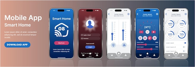 Un elegante modello di interfaccia di applicazione per la casa intelligente con icone moderne e un design a gradiente Include menu di navigazione per la gestione dei dispositivi, monitoraggio della sicurezza, controllo della temperatura