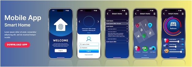Un elegante modello di interfaccia di applicazione per la casa intelligente con icone moderne e un design a gradiente Include menu di navigazione per la gestione dei dispositivi, monitoraggio della sicurezza, controllo della temperatura