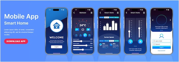 Un elegante modello di interfaccia di applicazione per la casa intelligente con icone moderne e un design a gradiente Include menu di navigazione per la gestione dei dispositivi, monitoraggio della sicurezza, controllo della temperatura