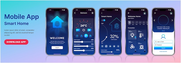 Un elegante modello di interfaccia di applicazione per la casa intelligente con icone moderne e un design a gradiente Include menu di navigazione per la gestione dei dispositivi, monitoraggio della sicurezza, controllo della temperatura