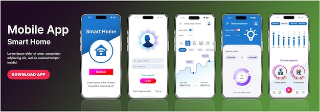 Un elegante modello di interfaccia di applicazione per la casa intelligente con icone moderne e un design a gradiente Include menu di navigazione per la gestione dei dispositivi, monitoraggio della sicurezza, controllo della temperatura