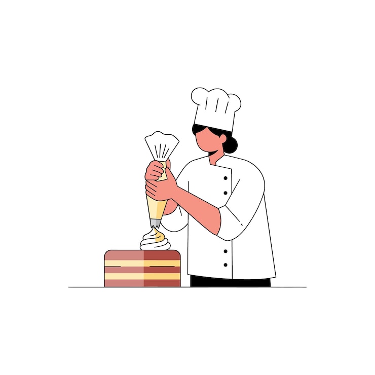 Vettore un esperto pasticciere decorando una torta a strati colorata con crema in un'arte vettoriale a disegno piatto minimo
