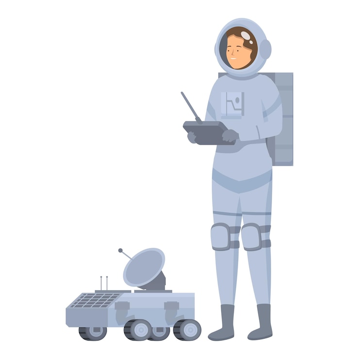 Vettore un esploratore spaziale in una tuta spaziale bianca sta controllando un rover con un telecomando