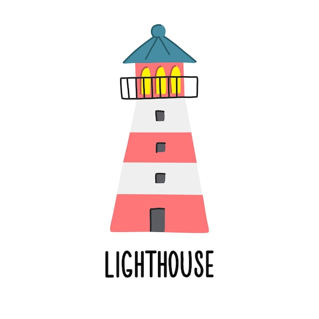 Un faro clipart per navi in mare in uno stile piatto semplice su sfondo bianco
