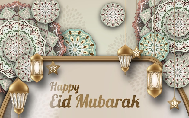 Un felice biglietto di auguri eid mubarak con un mandala colorfullanternand cornice islamica