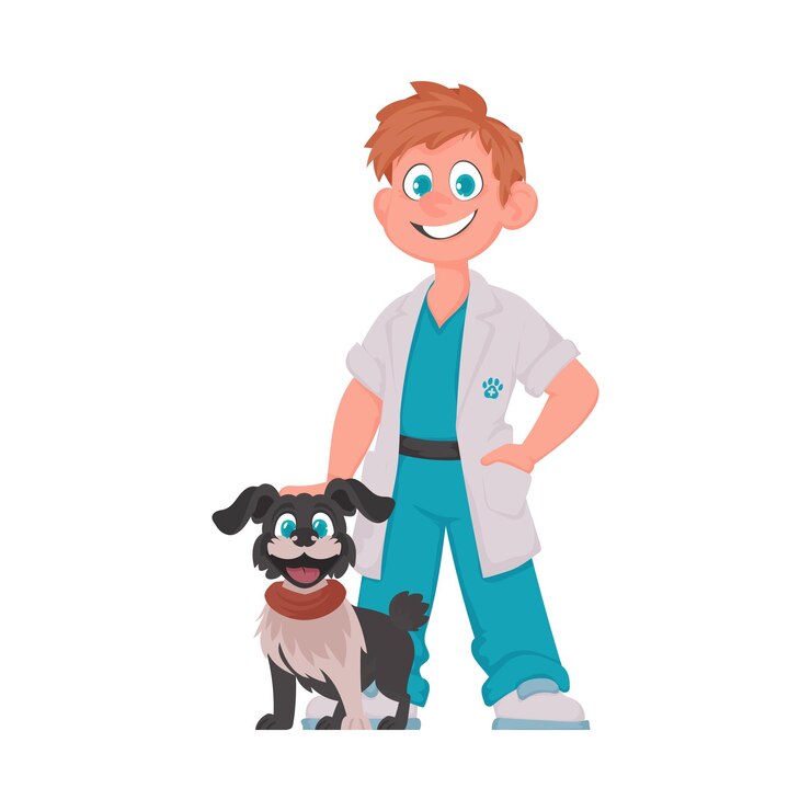 Vettore un felice medico animale maschio che si prende cura di un adorabile cane illustrazione vettoriale