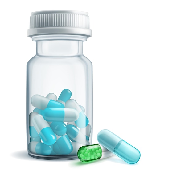 Un flacone di medicina trasparente con tappo di plastica pieno di capsule blu chiaro accanto a esso ci sono due capsule verdi e blu
