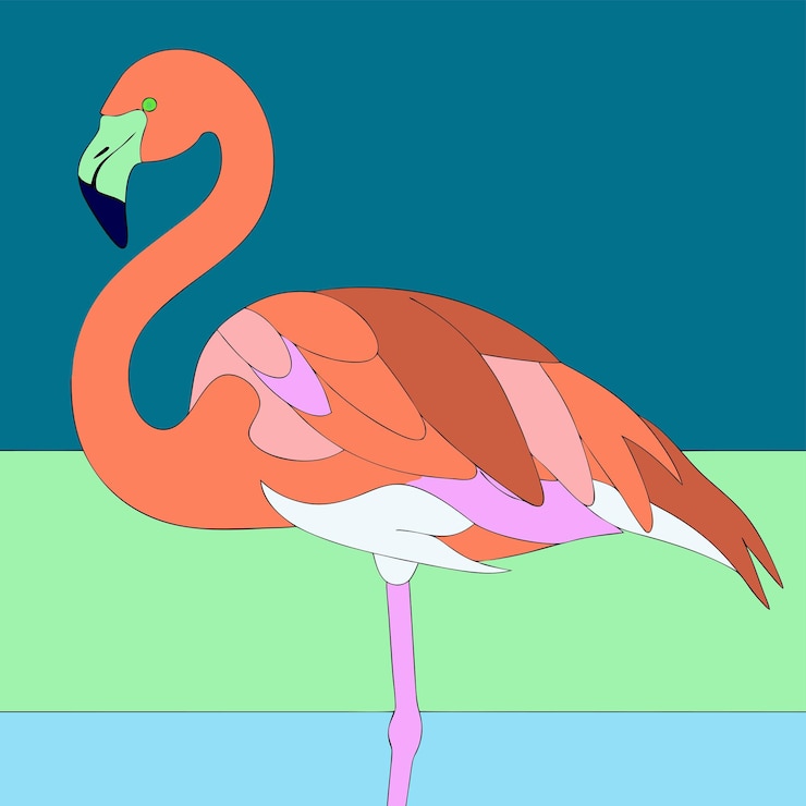 Vettore un flamingo rosa con un becco rosa e uno sfondo verde