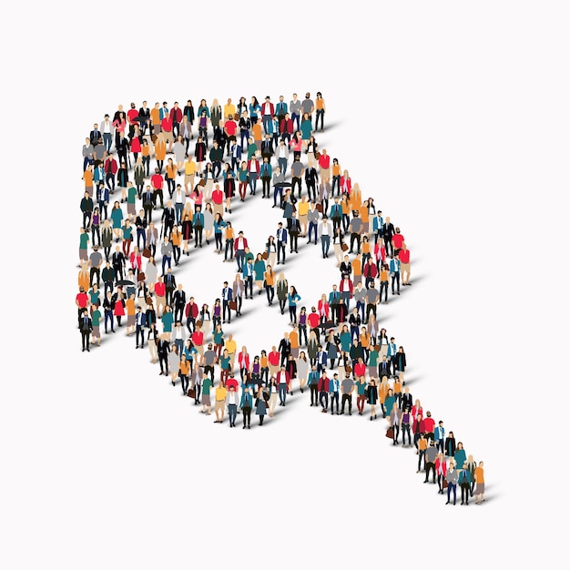 Un folto gruppo di persone in forma di immobili, isolati, sfondo bianco.