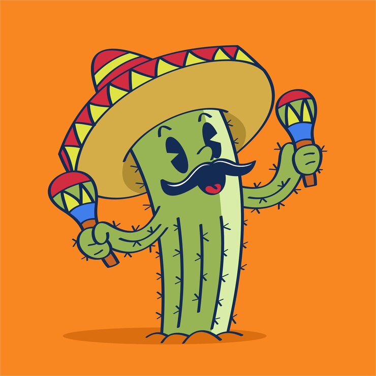 Vettore un fumetto illustrazione di un cactus con i baffi che indossa un sombrero e gioca a maracas