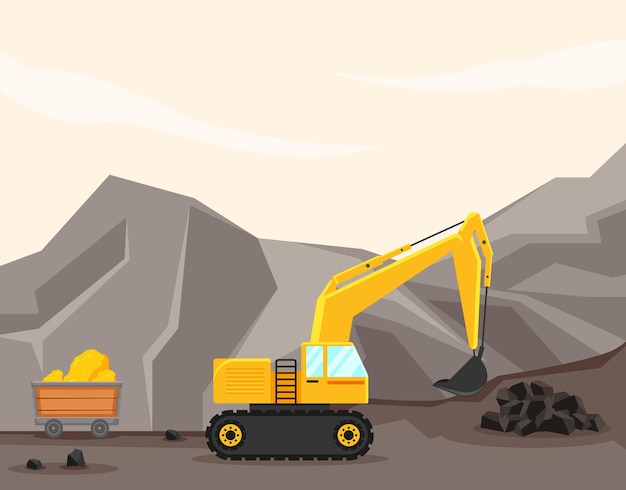 Un fumetto illustrazione di una macchina mineraria con un secchio pieno di carbone