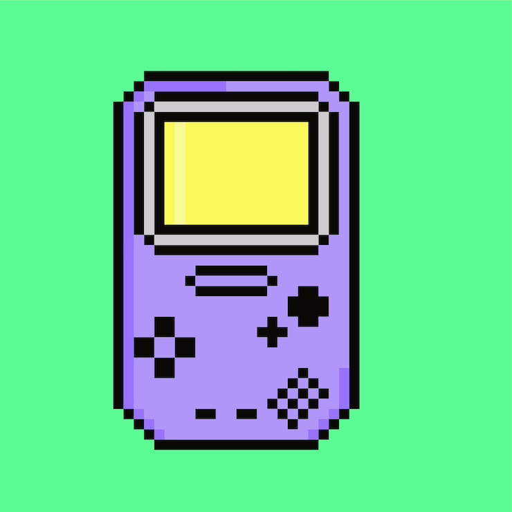 Vettore un gameboy viola pixel art con cinturino giallo.