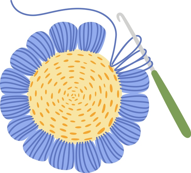 Un gancio a crochet con un manico verde vibrante che crea con abilità un bellissimo fiore blu e giallo con un morbido filato blu ideale per vari progetti di hobby e artigianato