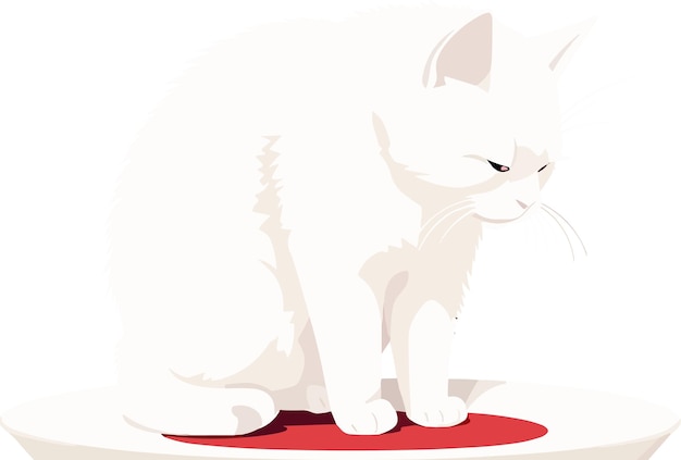 Un gatto bianco siede su un tappetino rosso con un naso nero.