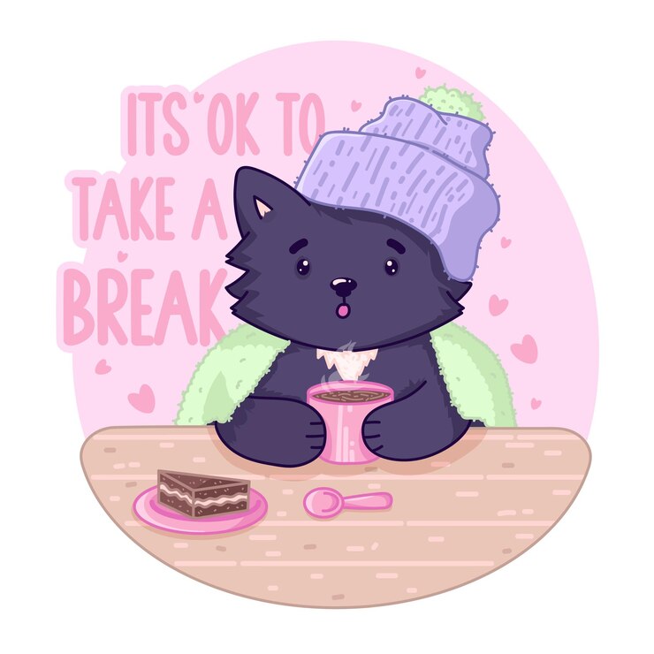 un gatto con un cappello e una tazza di caffè rilassante è Ok per prendere un messaggio di pausa con il carattere