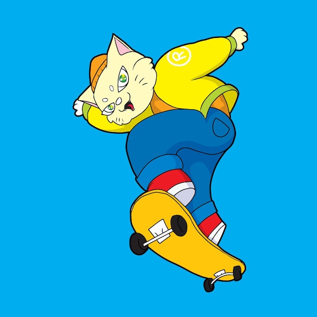 Un gatto con un cappuccio giallo e pantaloni di stoffa salta con il suo skateboard con stile