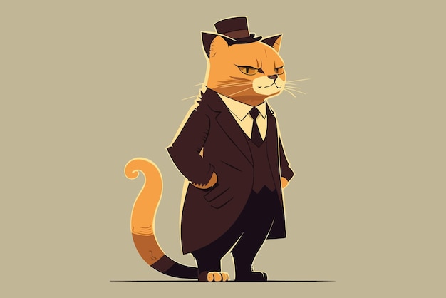 Un gatto dei cartoni animati con cappello, giacca e cravatta sta con le mani sui fianchi