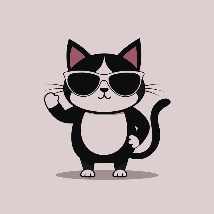 Vettore un gatto dei cartoni animati in piedi da solo con gli occhiali da sole e uno sfondo rosa