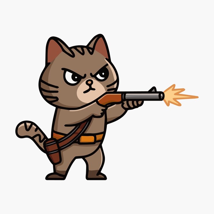 Vettore un gatto di cartone animato con una pistola puntata contro una pistola