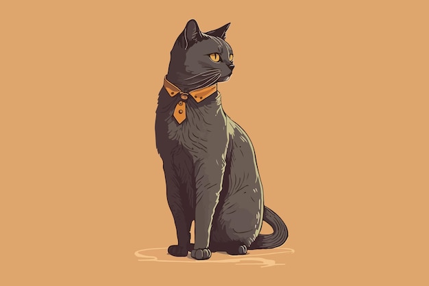 Un gatto nero con un collare giallo siede su uno sfondo arancione