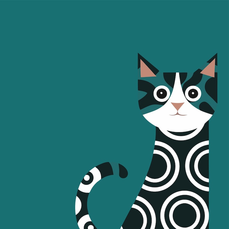 Vettore un gatto verde e nero con una faccia bianca e un gatto a strisce bianche e nere con un naso rosa