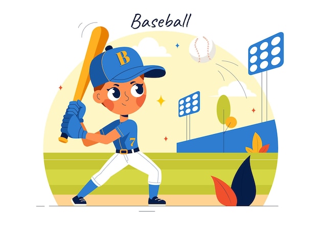 Un giocatore di baseball in uniforme sta lanciando, catturando o colpendo una palla con mazze e guanti su uno stadio in un cartone animato vettoriale
