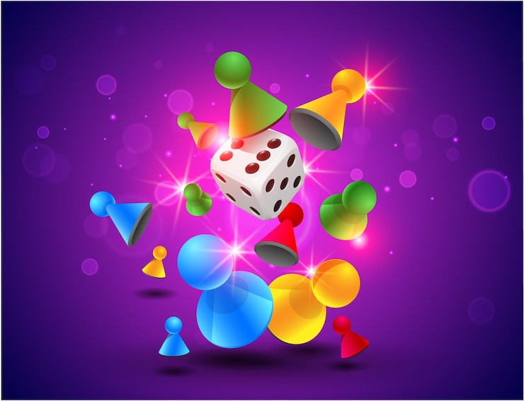 Un gioco da tavolo Ludo sullo sfondo viola con un dado e un dado su di esso