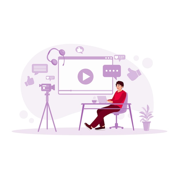 Un giovane blogger maschio registra un nuovo vlog sul concetto di blogger di cuffie per realtà virtuale