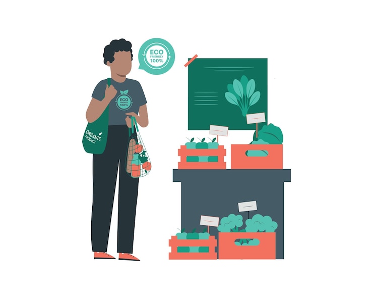 Vettore un giovane che utilizza un sacchetto di generi alimentari riciclabile illustrazione vettoriale in stile piatto per la sostenibilità