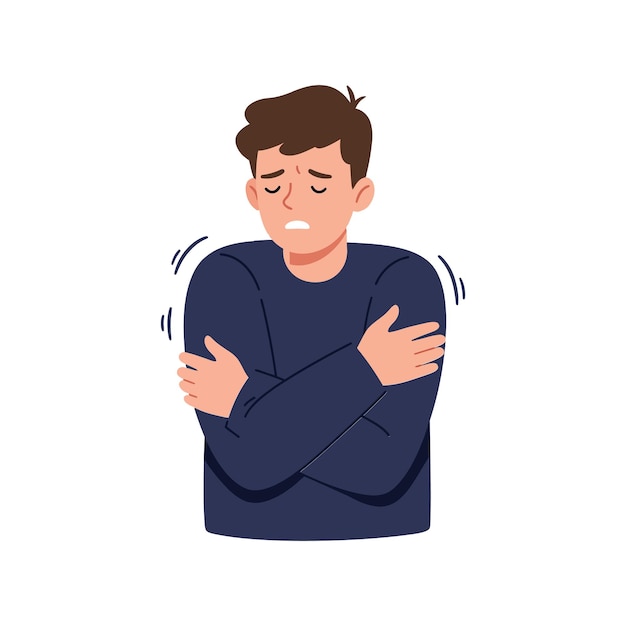 Un giovane con un'espressione preoccupata che indossa un maglione navy che si sente freddo mentre si abbraccia in un'illustrazione vettoriale minima