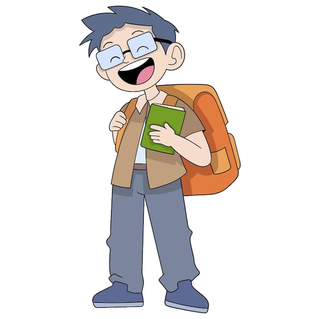 Un giovane nerd con gli occhiali che porta uno zaino va al campus a studiare.